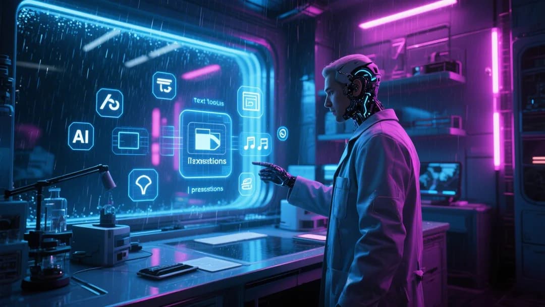 Collage futurista de herramientas de inteligencia artificial flotando en el espacio digital