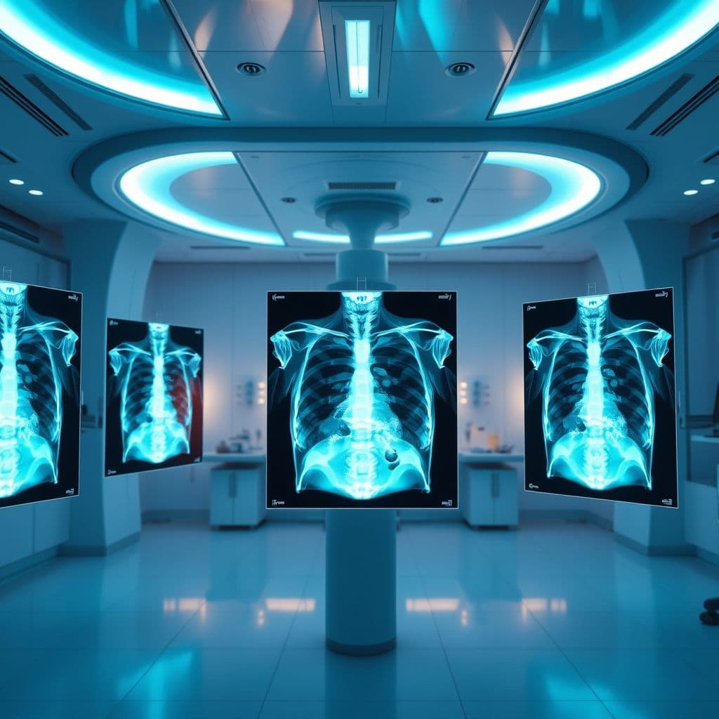 Imagen conceptual de una inteligencia artificial analizando radiografías en un entorno médico futurista