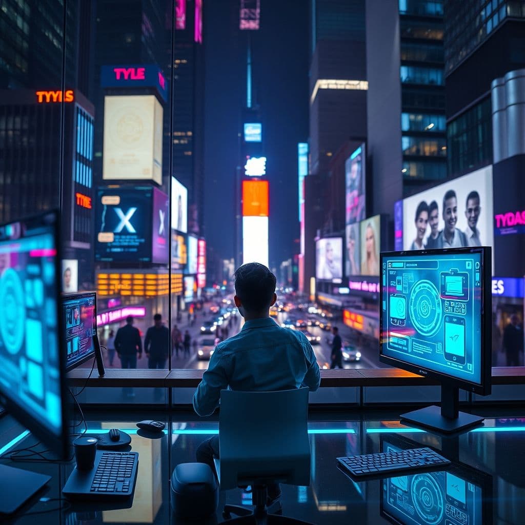 Persona creando videos con inteligencia artificial en una pantalla futurista