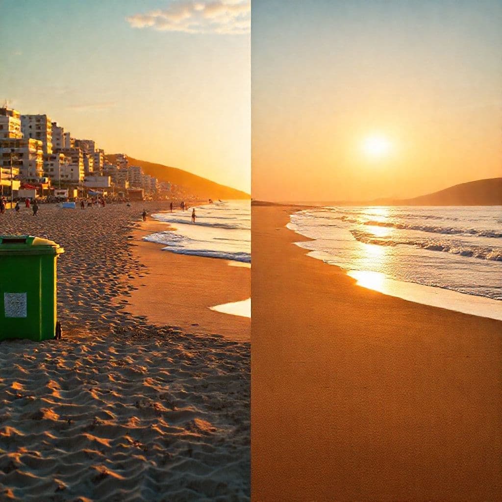 Antes y después usando eliminador de IA de CapCut en video de playa