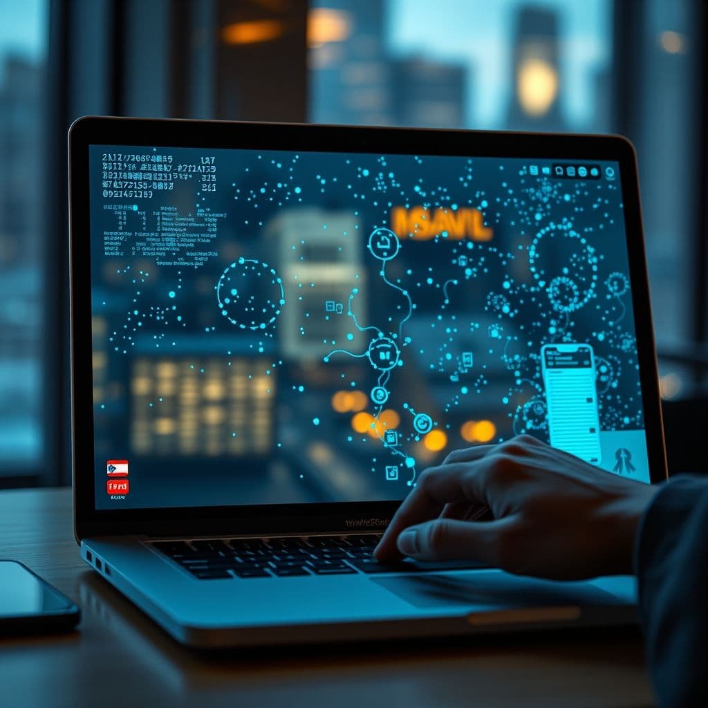 Representación futurista de una interfaz de inteligencia artificial invisible flotando sobre una pantalla de ordenador durante una videollamada.