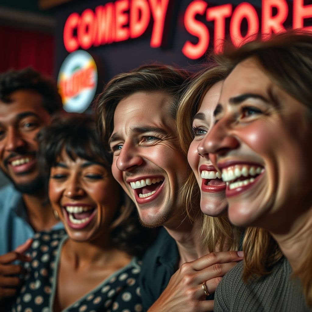 Collage de expresiones faciales de personas intentando no reír ante una situación absurda.