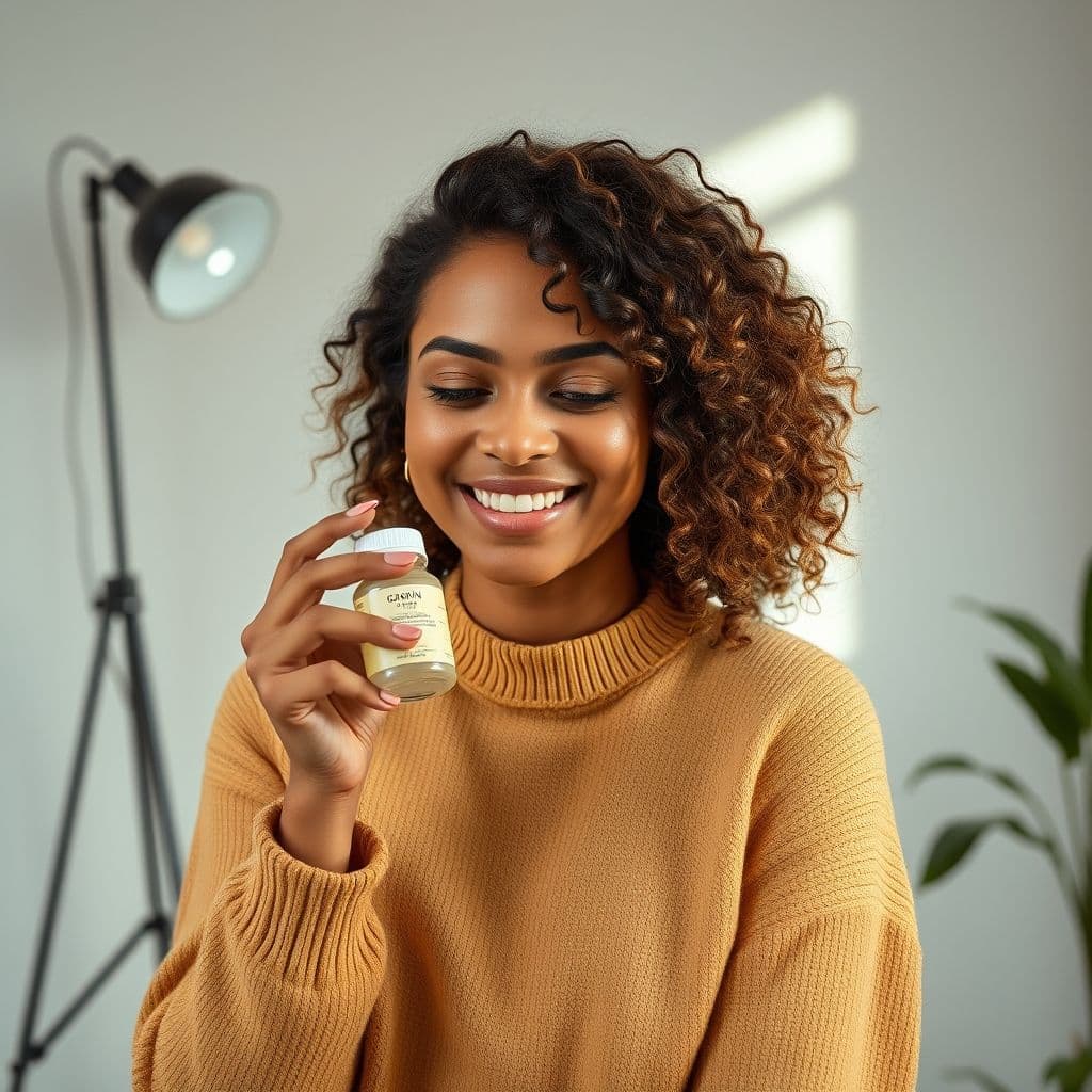 Influencer virtual generado por IA sosteniendo un producto en un estudio digital moderno.