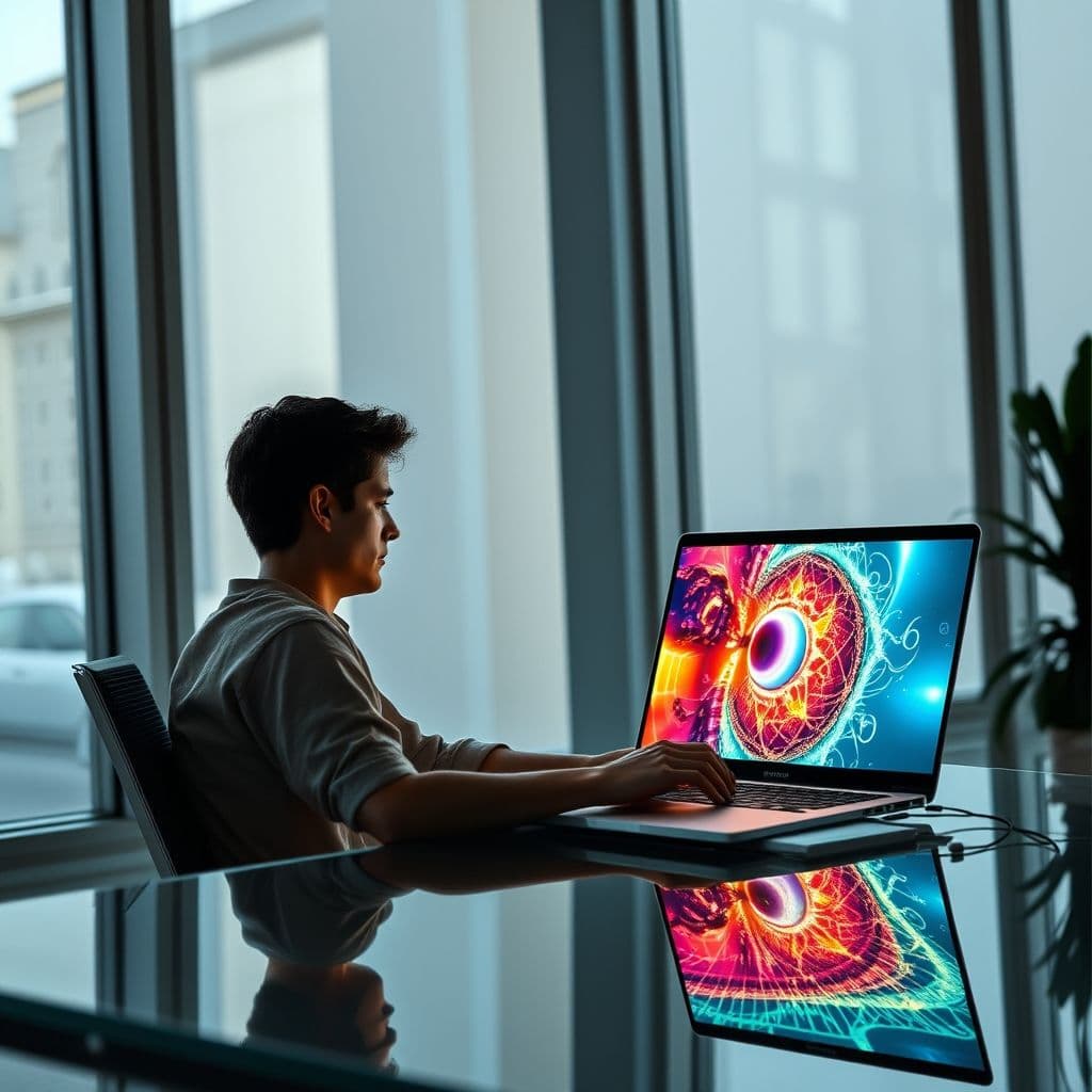 Persona creando un video viral con inteligencia artificial en una computadora.