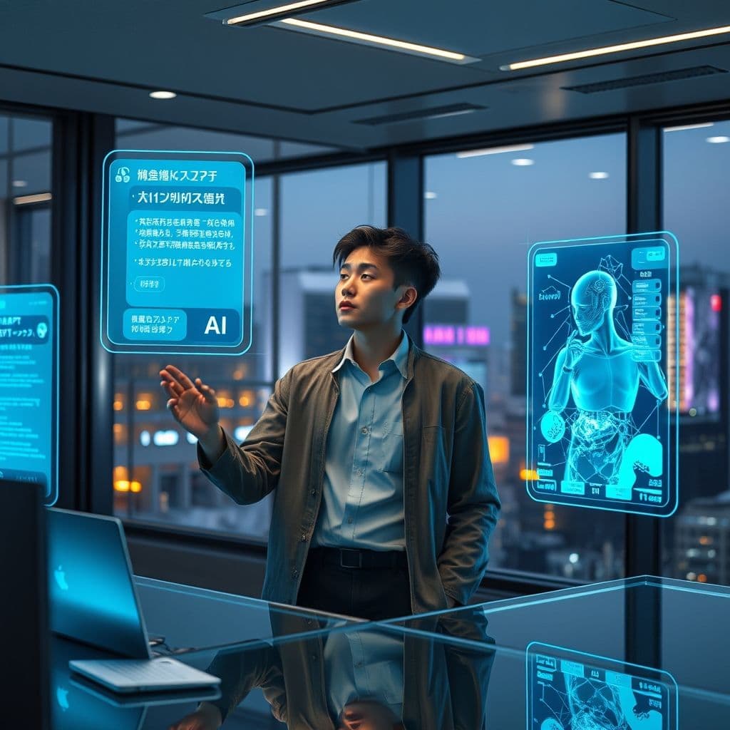 Persona utilizando múltiples herramientas de IA simultáneamente en una oficina moderna