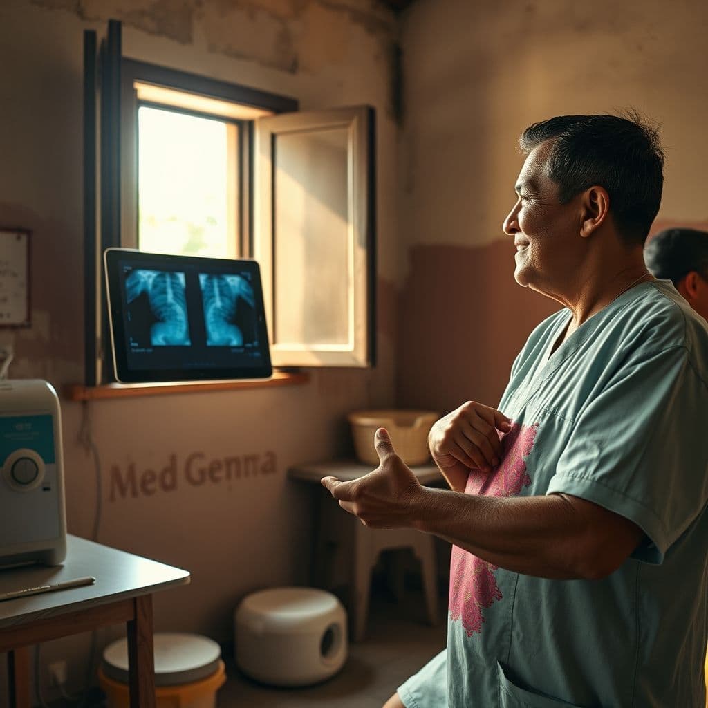 Médico en zona rural utilizando MedGemma en una tableta para diagnosticar a un paciente