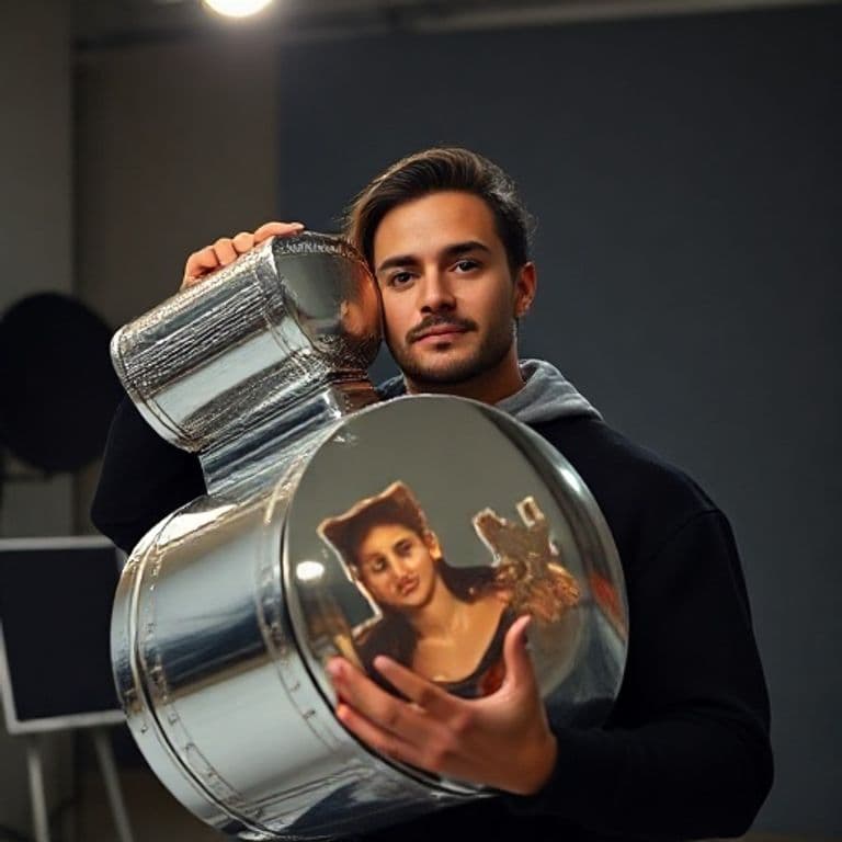 Influencer virtual creado con IA sosteniendo producto Stanley en estudio digital