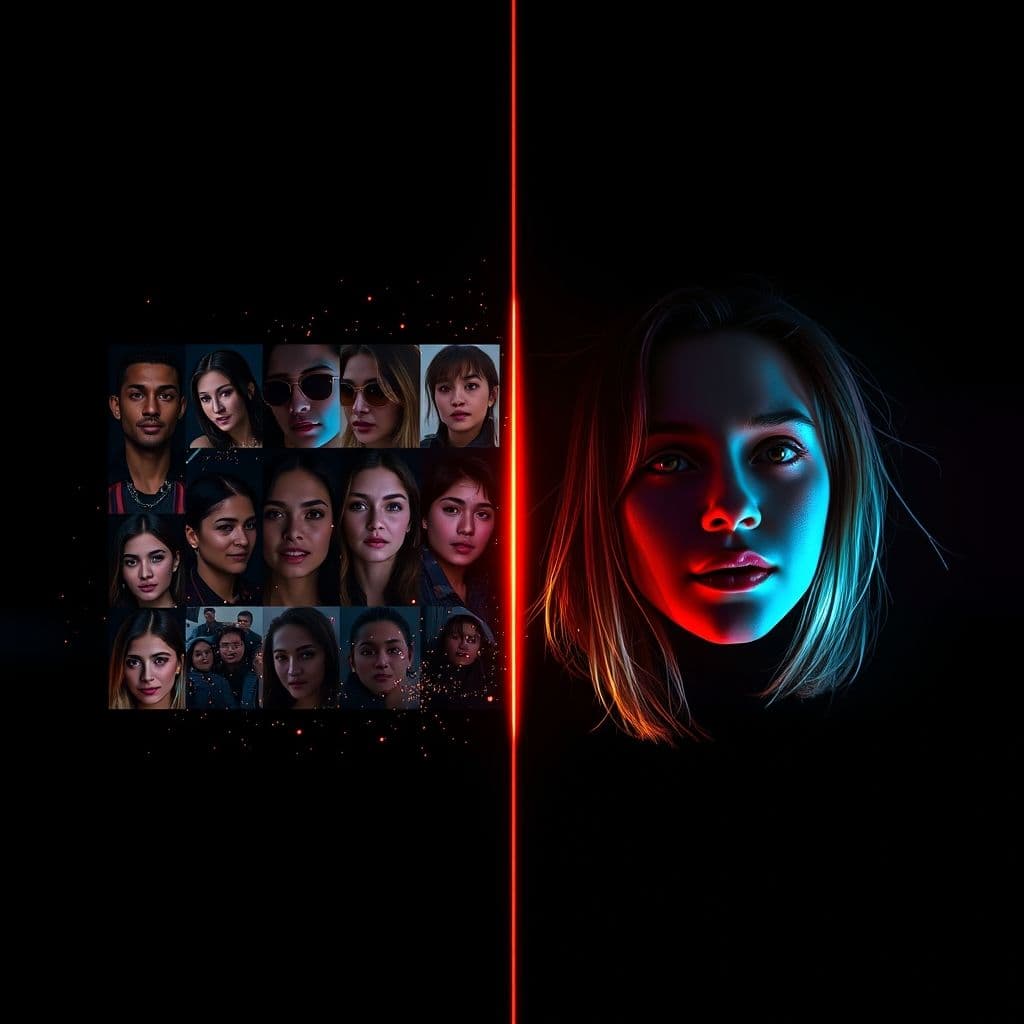 Proceso de creación de una influencer IA mostrando la transformación de fotos normales a imágenes profesionales