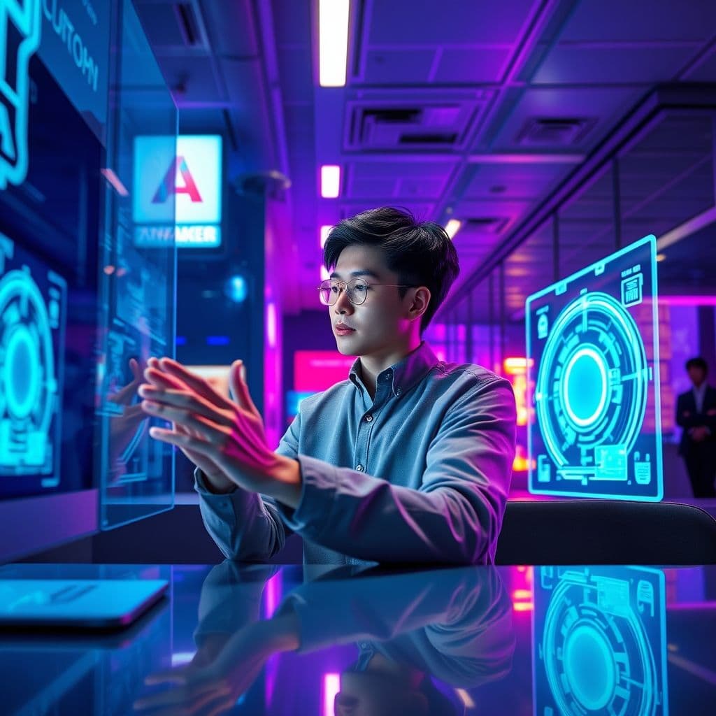 Representación futurista de herramientas de inteligencia artificial flotando alrededor de un emprendedor digital