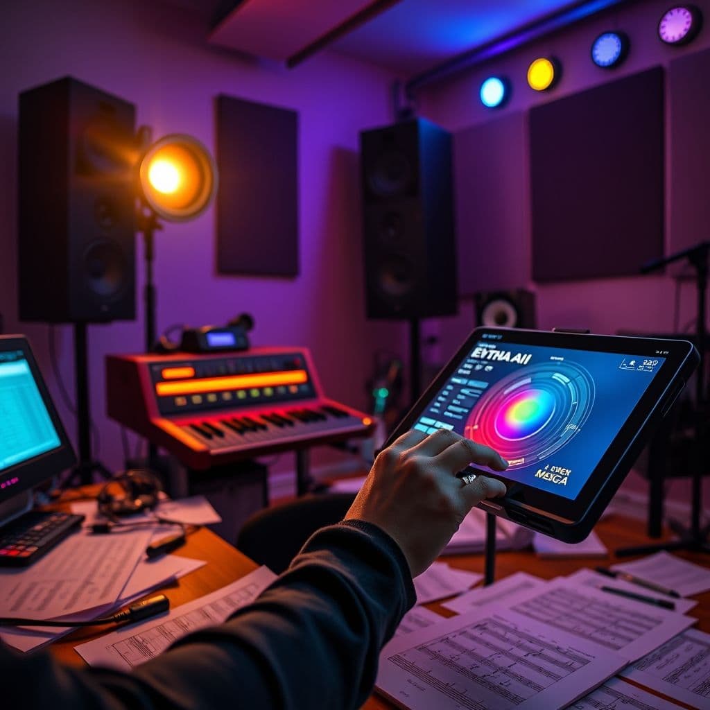 Persona creando música con Suno en una tableta digital.