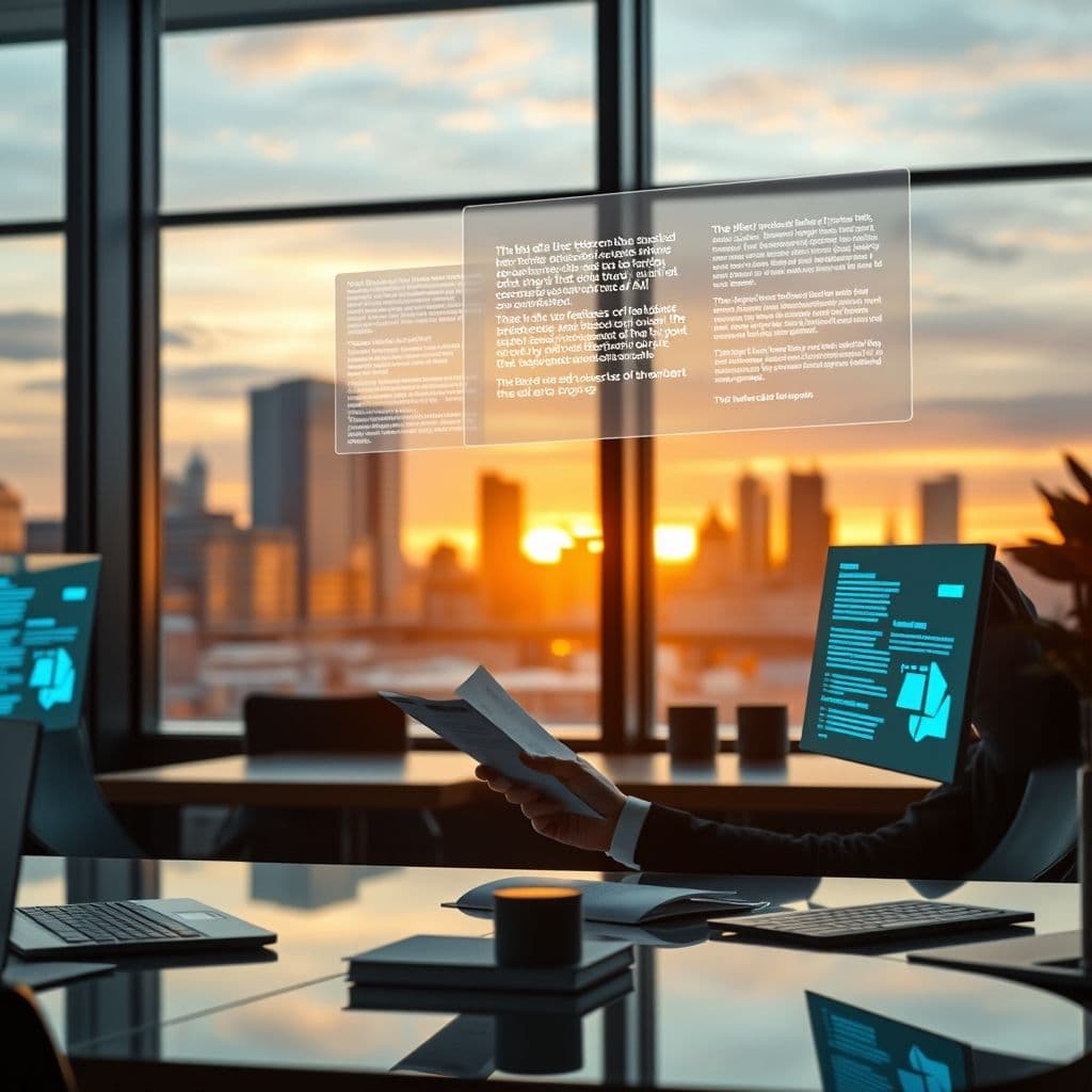 Abogado moderno utilizando inteligencia artificial en su oficina con múltiples pantallas digitales