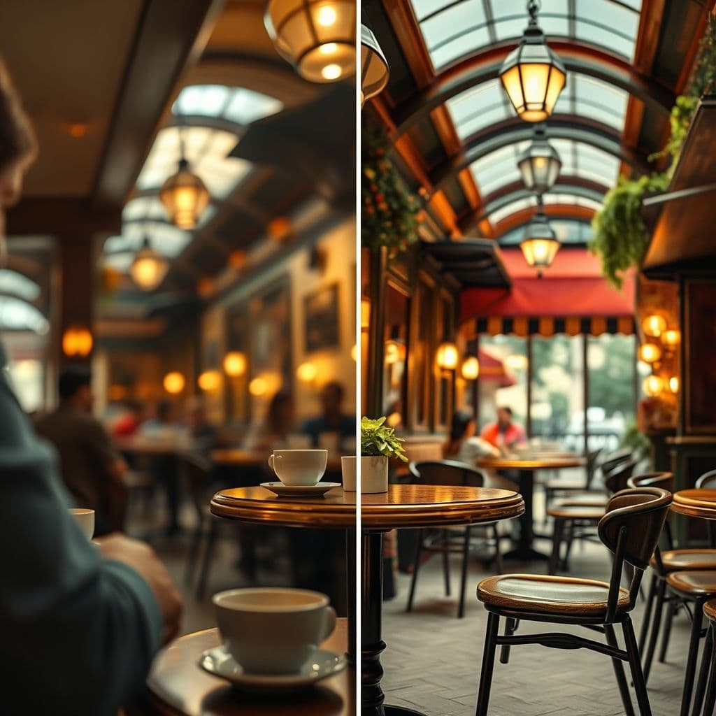 Antes y después de edición de foto de cafetería con Nano Banana