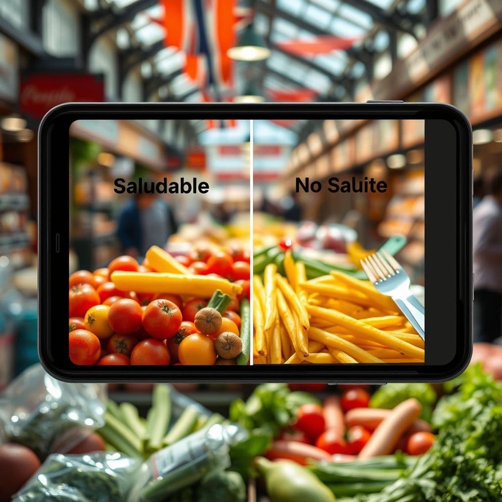 Comparación visual de alimentos saludables y no saludables en una aplicación de IA.