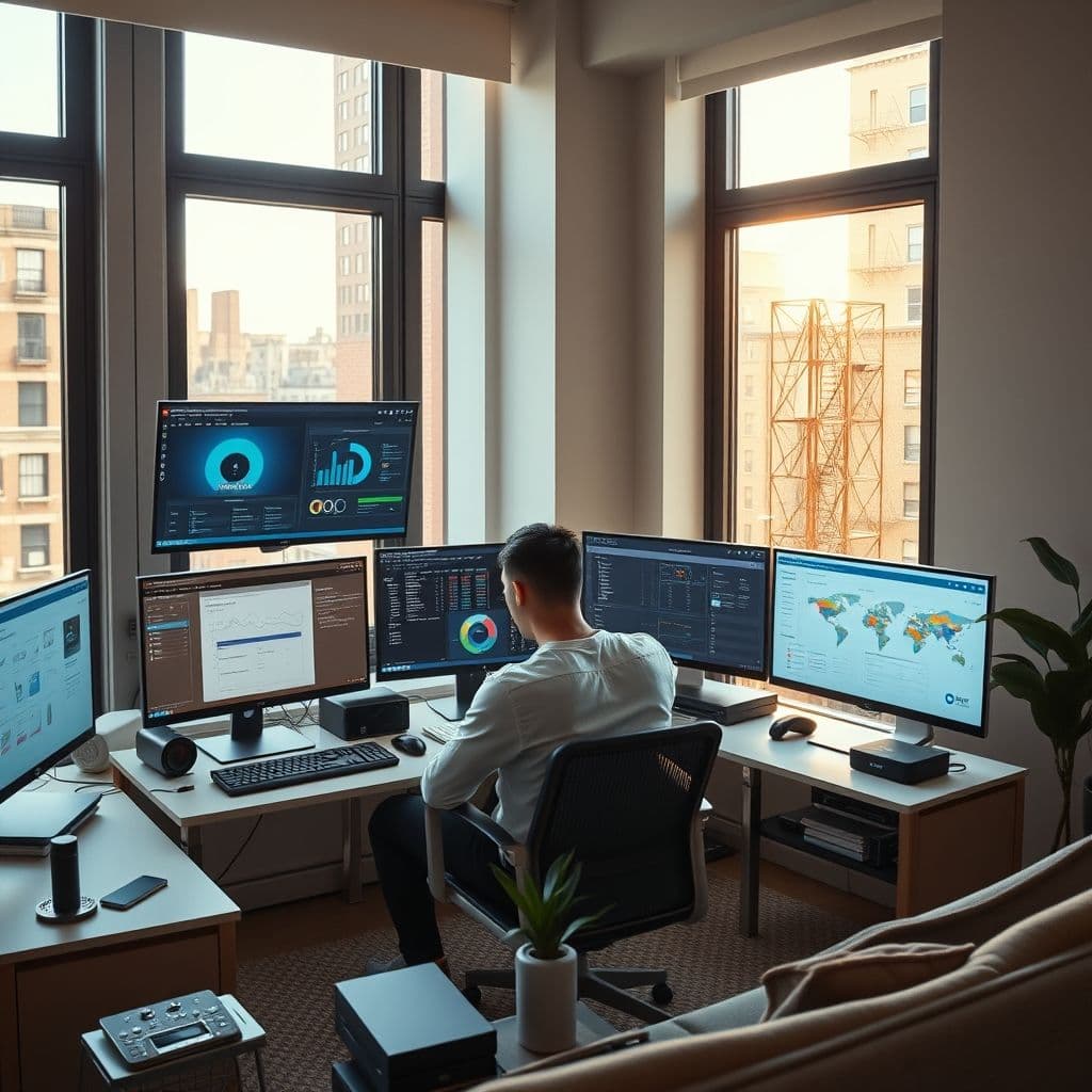 Persona trabajando desde casa con múltiples automatizaciones activas