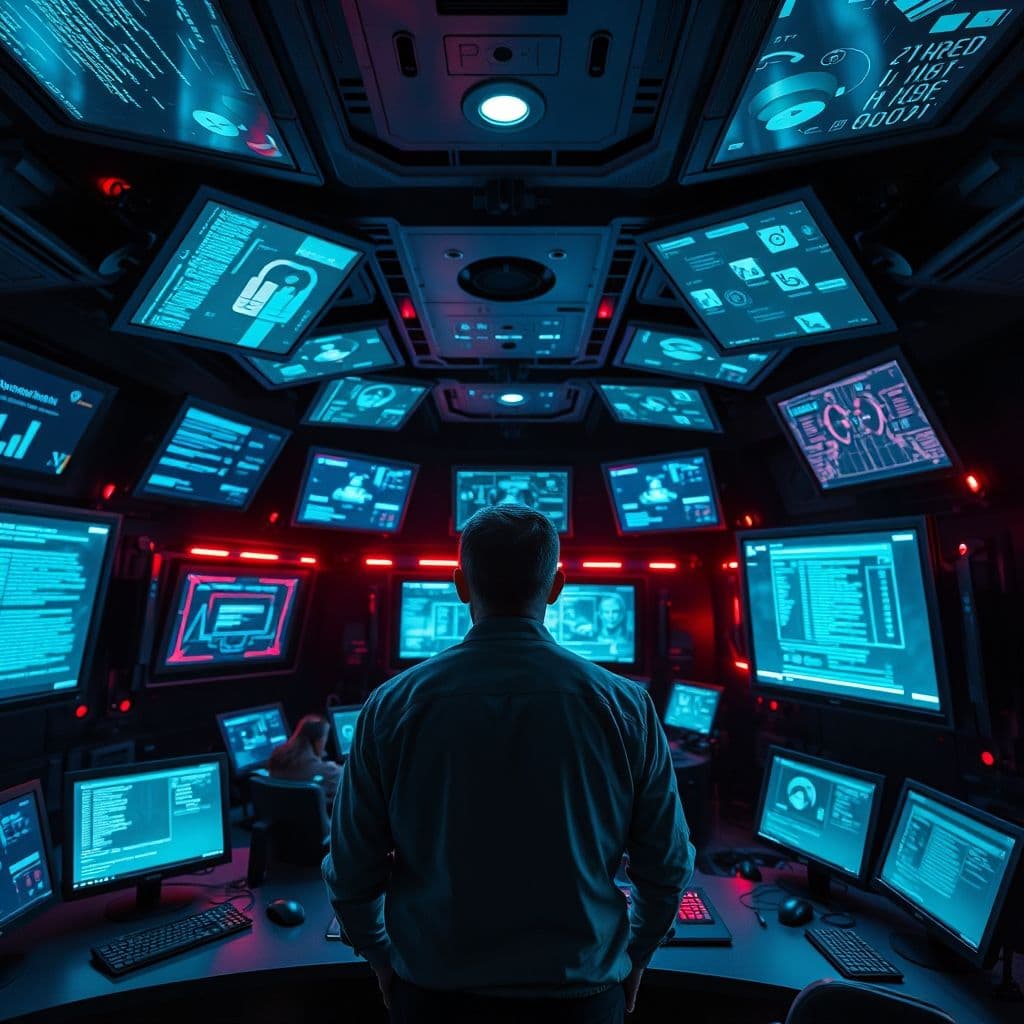 Agente de inteligencia artificial NEO trabajando de forma autónoma en múltiples pantallas holográficas