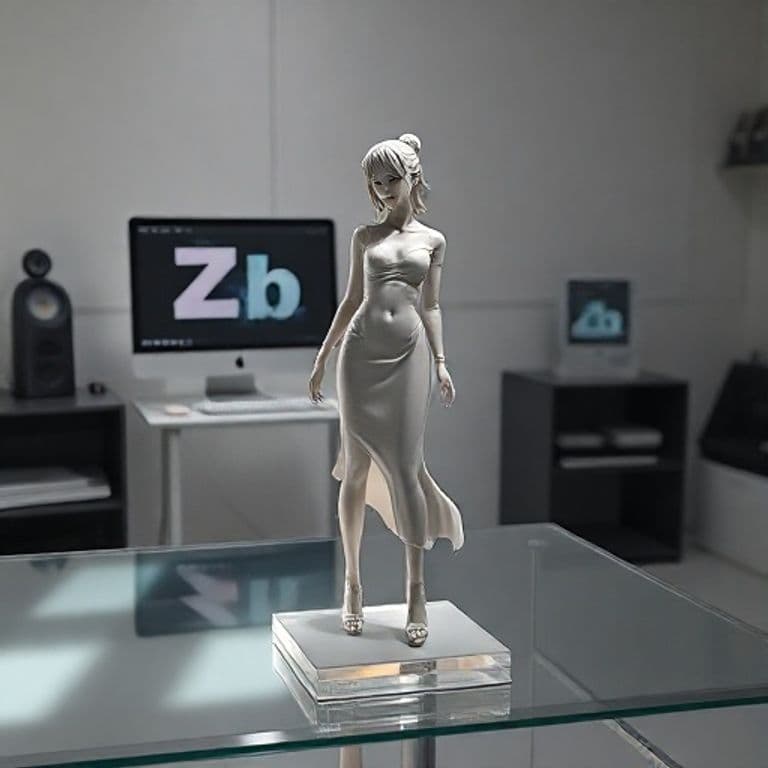 Figura 3D hiperrealista estilo comercial sobre escritorio con pantalla mostrando proceso ZBrush