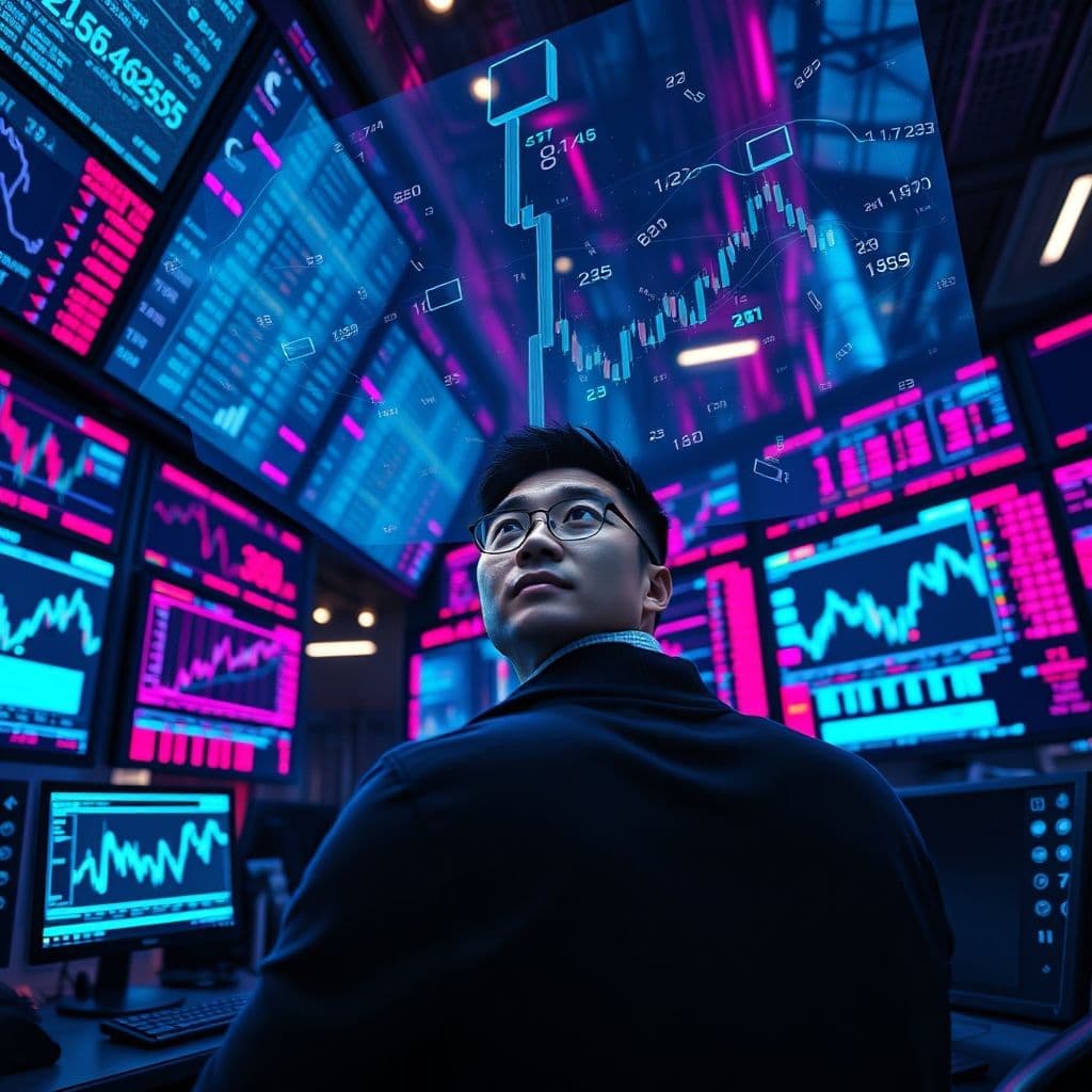 Pantalla de trading con gráficos avanzados e interfaz de inteligencia artificial analizando mercados financieros.