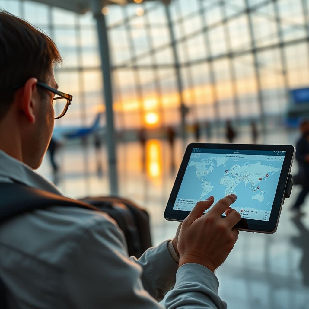 Viajero utilizando ChatLLM para planificar un viaje en su tableta.