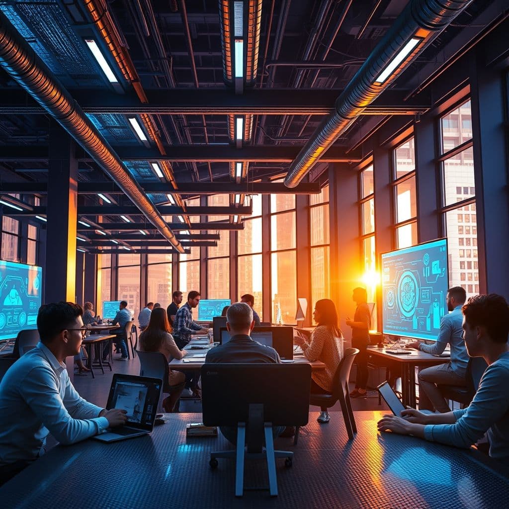 Representación futurista de diversas herramientas de inteligencia artificial interactuando con humanos