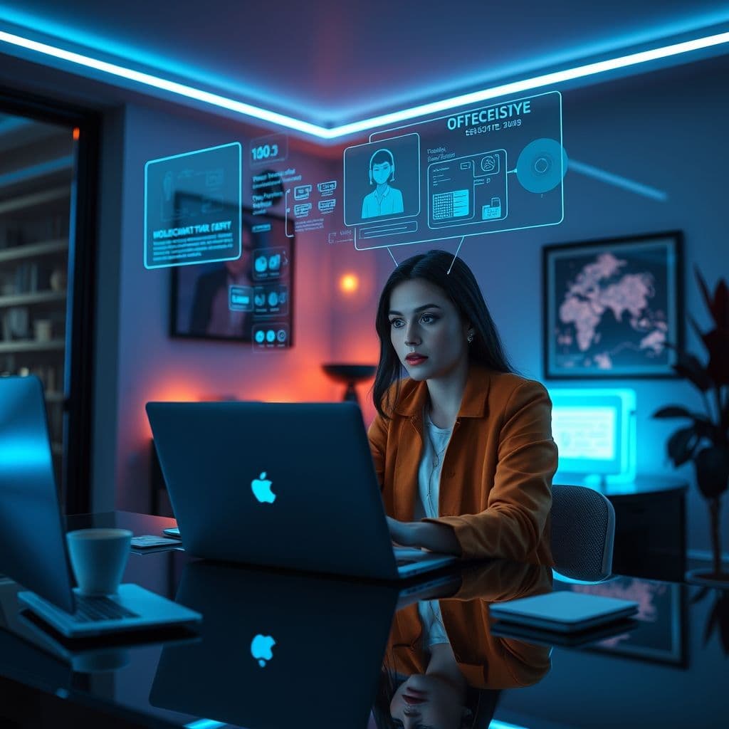 Representación futurista de un asistente de IA invisible ayudando en una reunión virtual