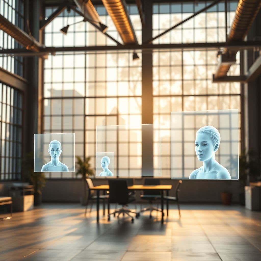 Persona utilizando múltiples herramientas de inteligencia artificial simultáneamente en una interfaz futurista