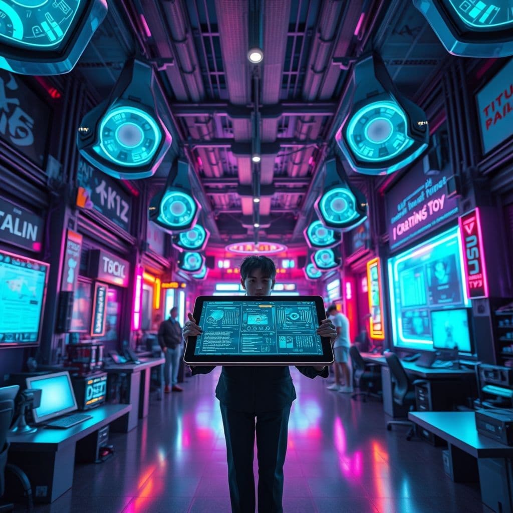 Collage futurista de herramientas de inteligencia artificial para creación de contenido