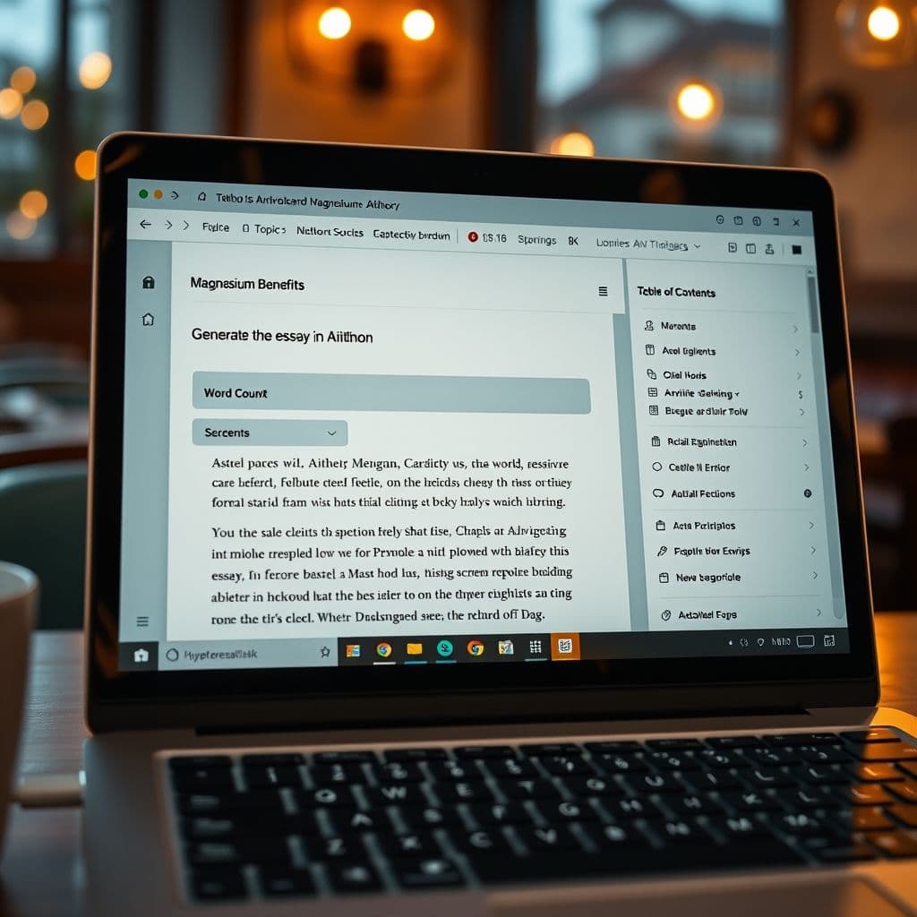 Interfaz de Aithor mostrando la generación de un ensayo sobre los beneficios del magnesio