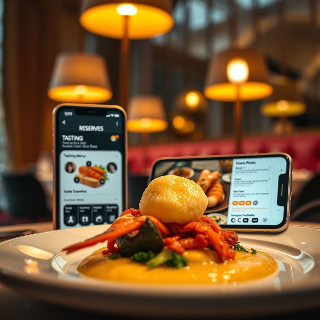 Ejemplo de app de restaurante generada con Stitch mostrando menú y sistema de reservas