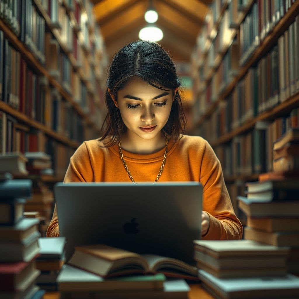 Estudiante utilizando herramientas de IA para investigación académica en una biblioteca moderna