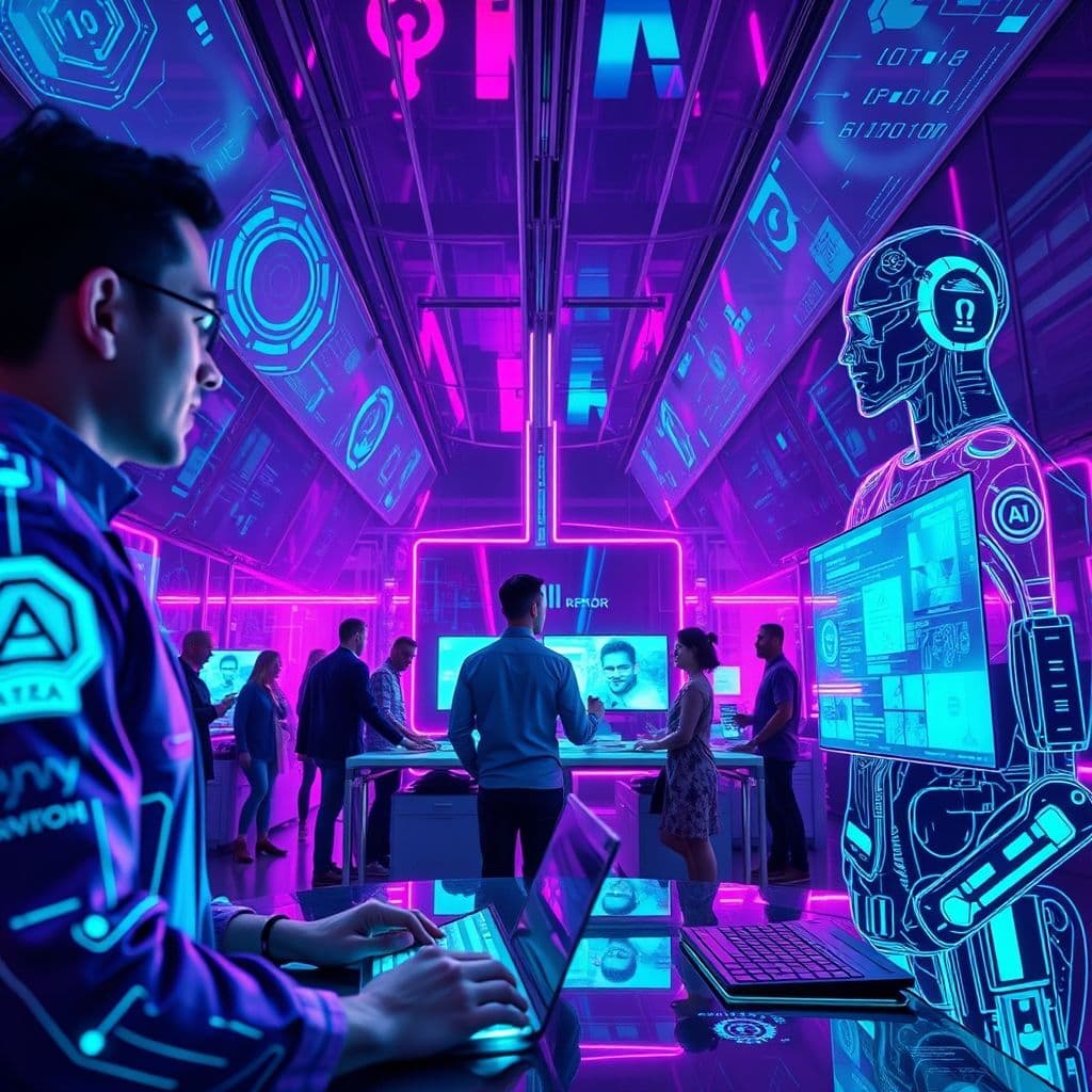 Representación futurista de herramientas de inteligencia artificial interactuando con humanos.