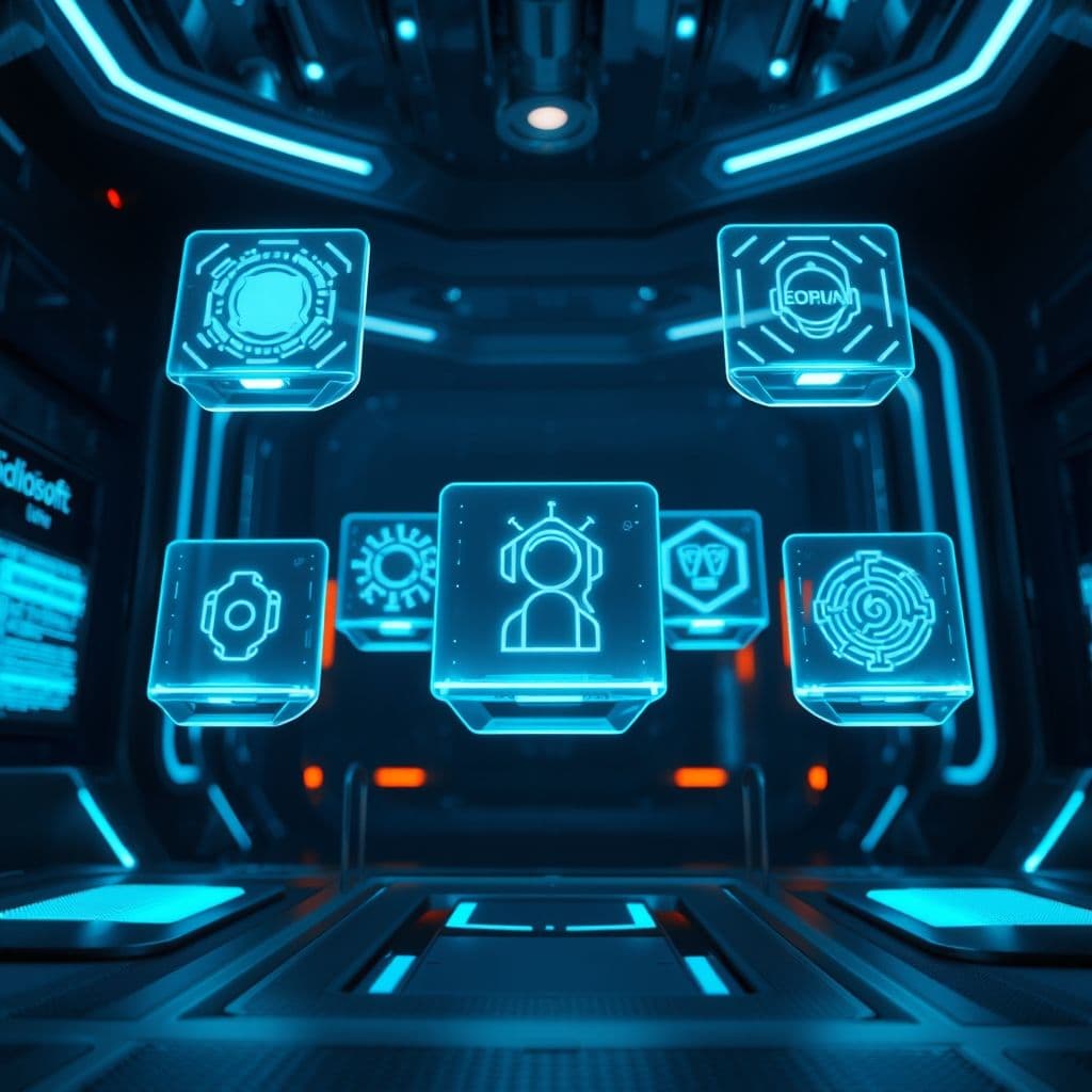Representación futurista de las herramientas de IA de Microsoft interactuando en un entorno digital