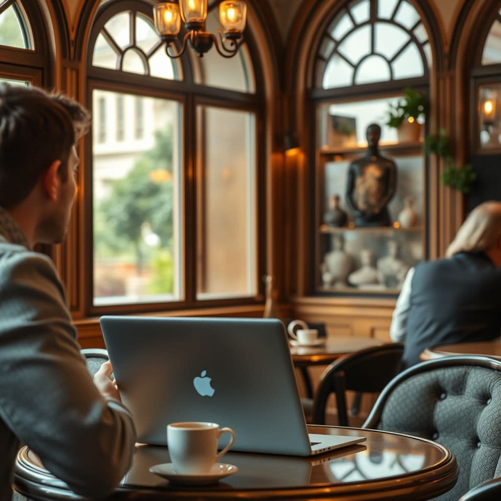 Persona mostrando su portátil con diseños de Canva a un cliente potencial en una cafetería.