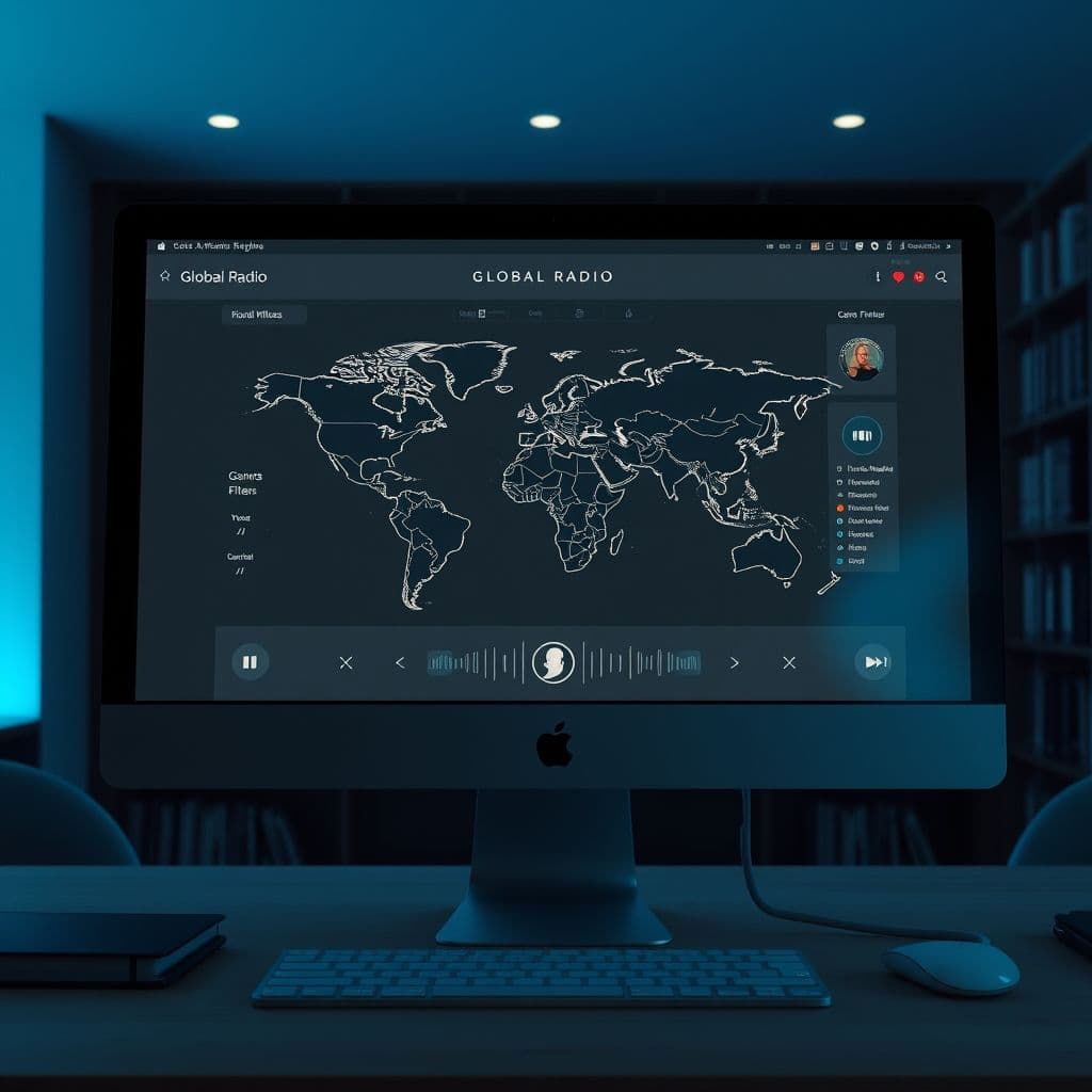 Ejemplo de interfaz de Emergent.sh creando una aplicación de radio global