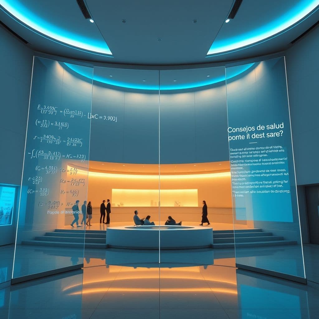 Interfaz moderna de una herramienta educativa de IA mostrando ecuaciones matemáticas y consejos de salud.