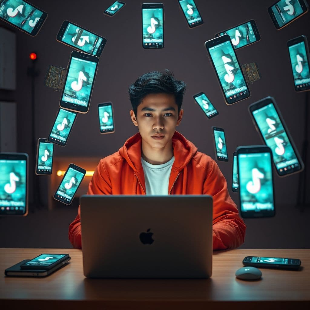 Persona utilizando inteligencia artificial para crear múltiples videos de TikTok en una computadora.