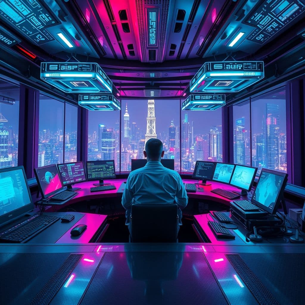 Representación futurista de diversas herramientas de inteligencia artificial interactuando con un usuario