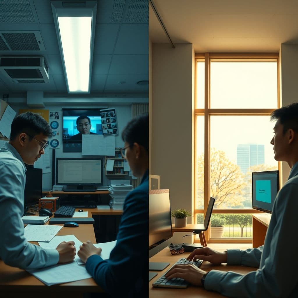 Comparación visual entre una reunión estresante sin Cluely y una reunión fluida con asistencia de la IA.