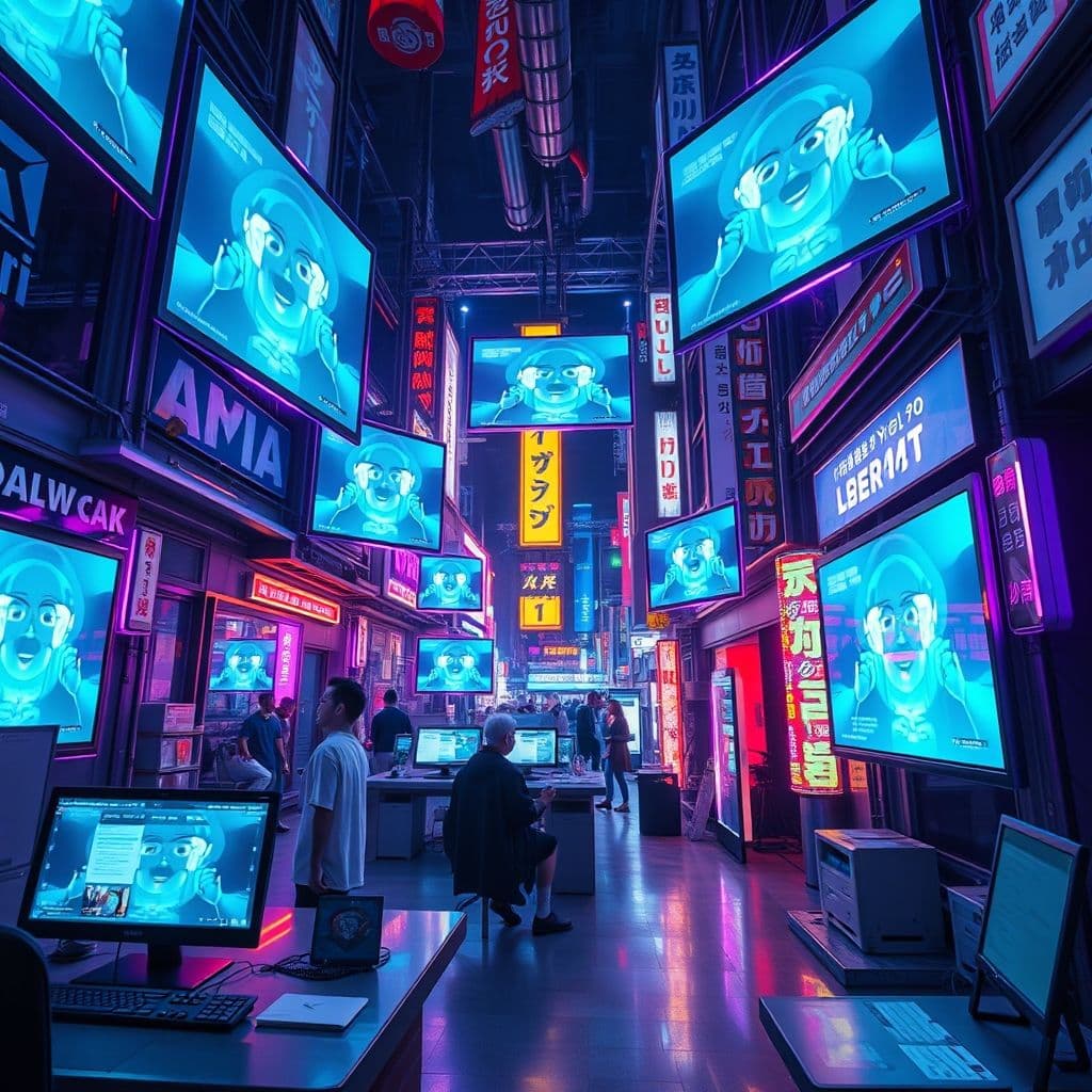 Representación visual de herramientas de IA generando videos creativos con avatares y animaciones