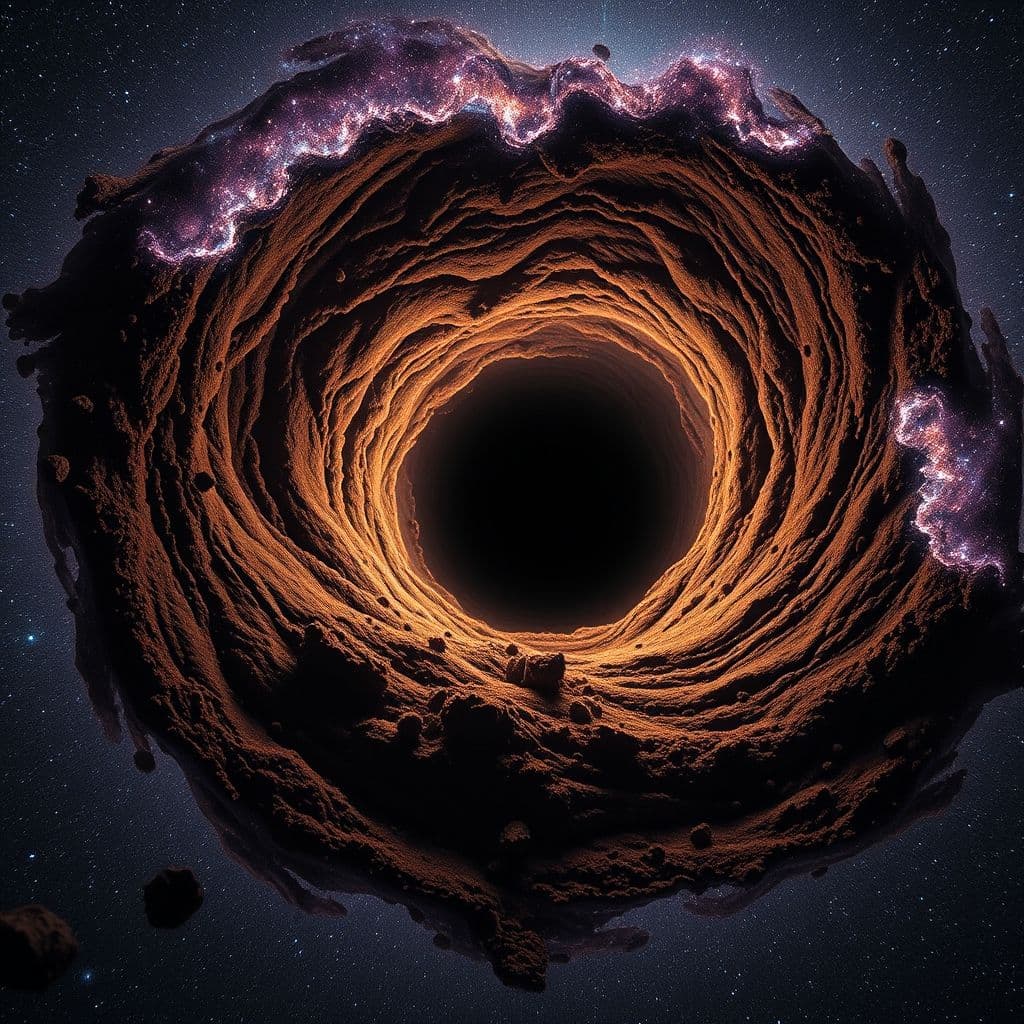 Ilustración humorística de un agujero negro formado por una cagada colosal, con efectos de distorsión espacial.