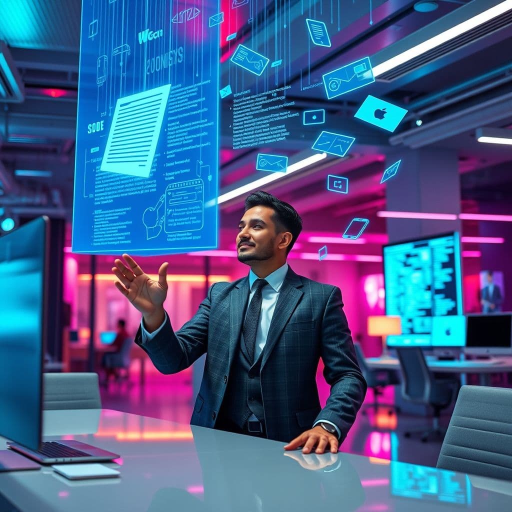 Representación futurista de ChatGPT-5 interactuando con un profesional latinoamericano