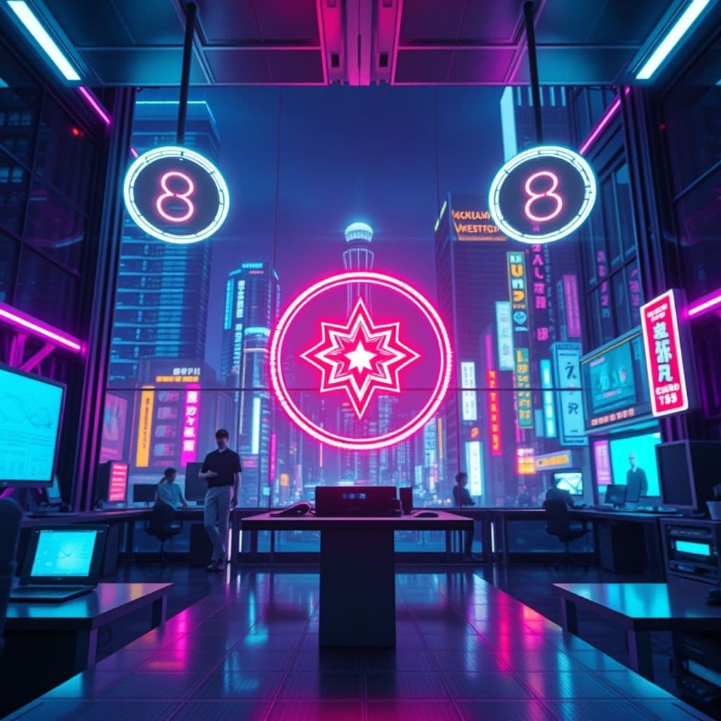 Representación futurista de herramientas de IA creando contenido audiovisual con efectos de neón