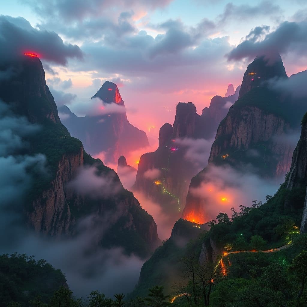 Mundo virtual generado por IA con paisajes surrealistas y luces vibrantes