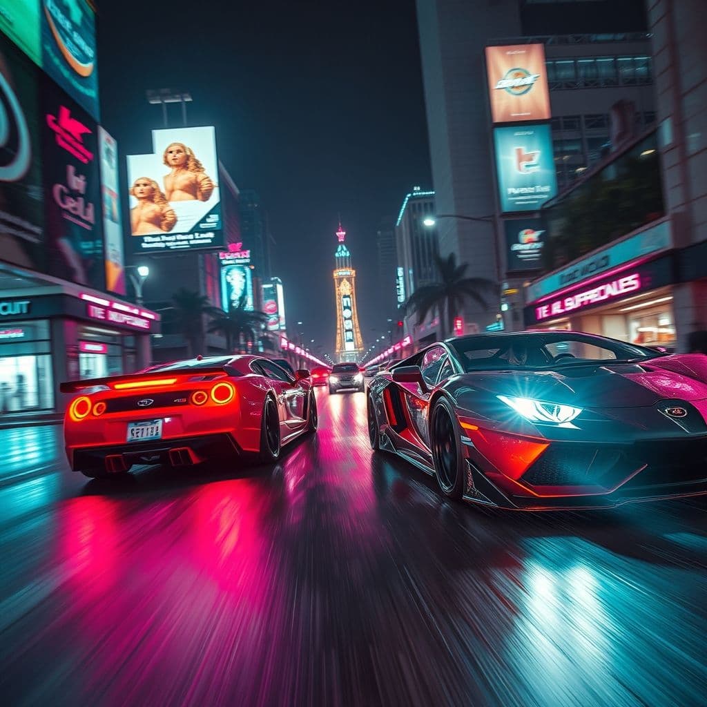 Video creado con inteligencia artificial mostrando autos deportivos en calles urbanas de noche