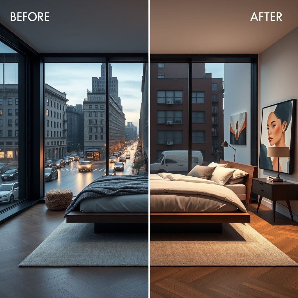 Antes y después de una habitación transformada con IA en Replicate