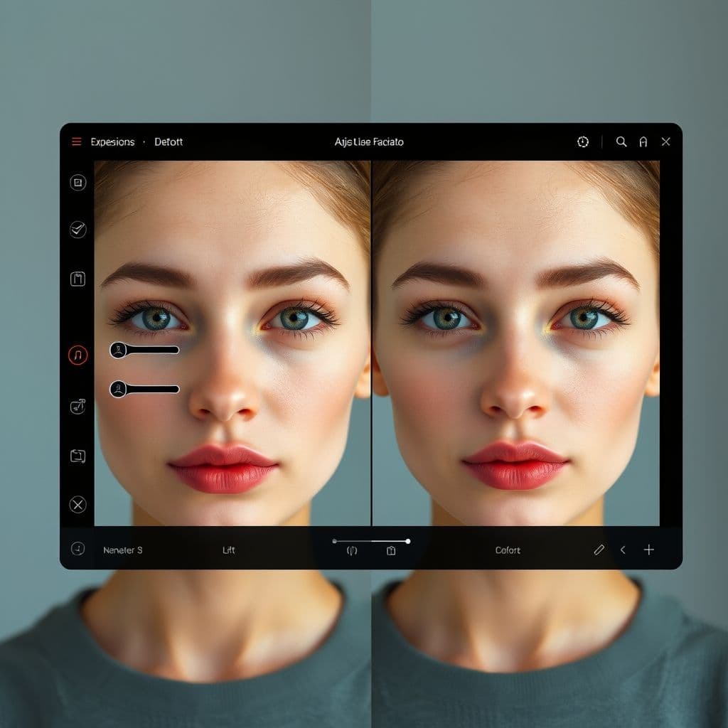 Interfaz de herramienta IA mostrando controles para modificar expresiones faciales