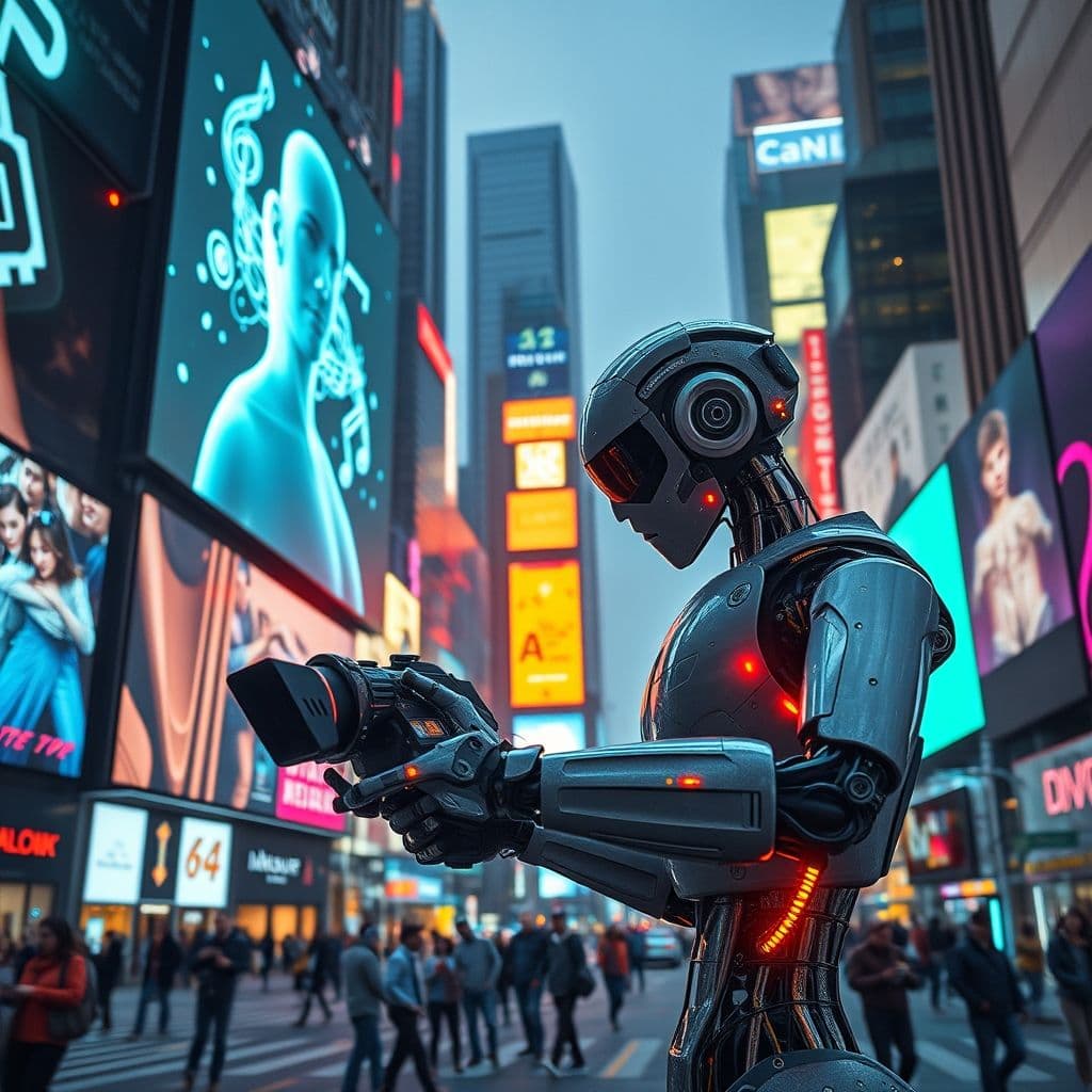 Collage futurista mostrando diversas herramientas de inteligencia artificial en acción