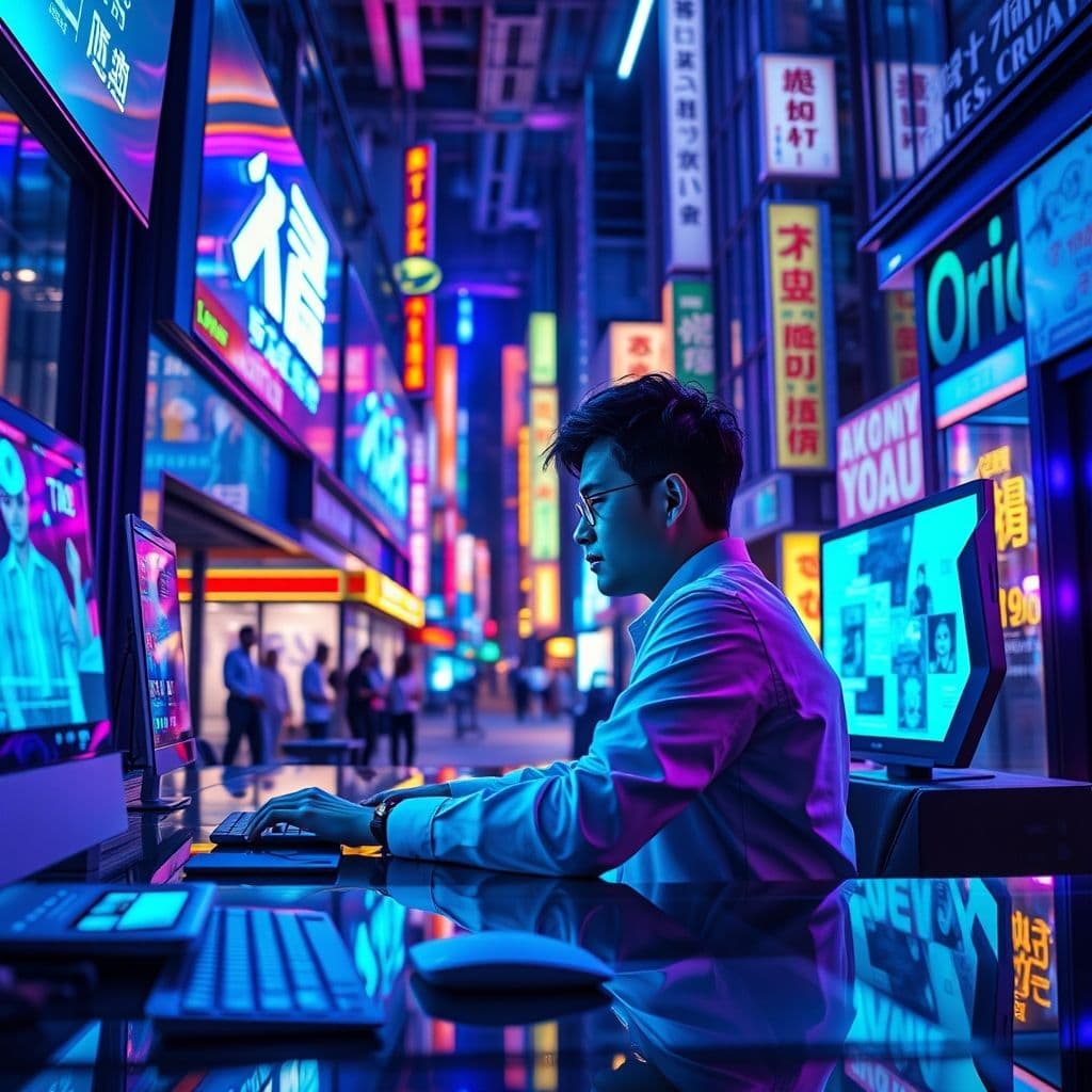 Persona creando videos con IA en Dreamina, interfaz futurista con elementos digitales.