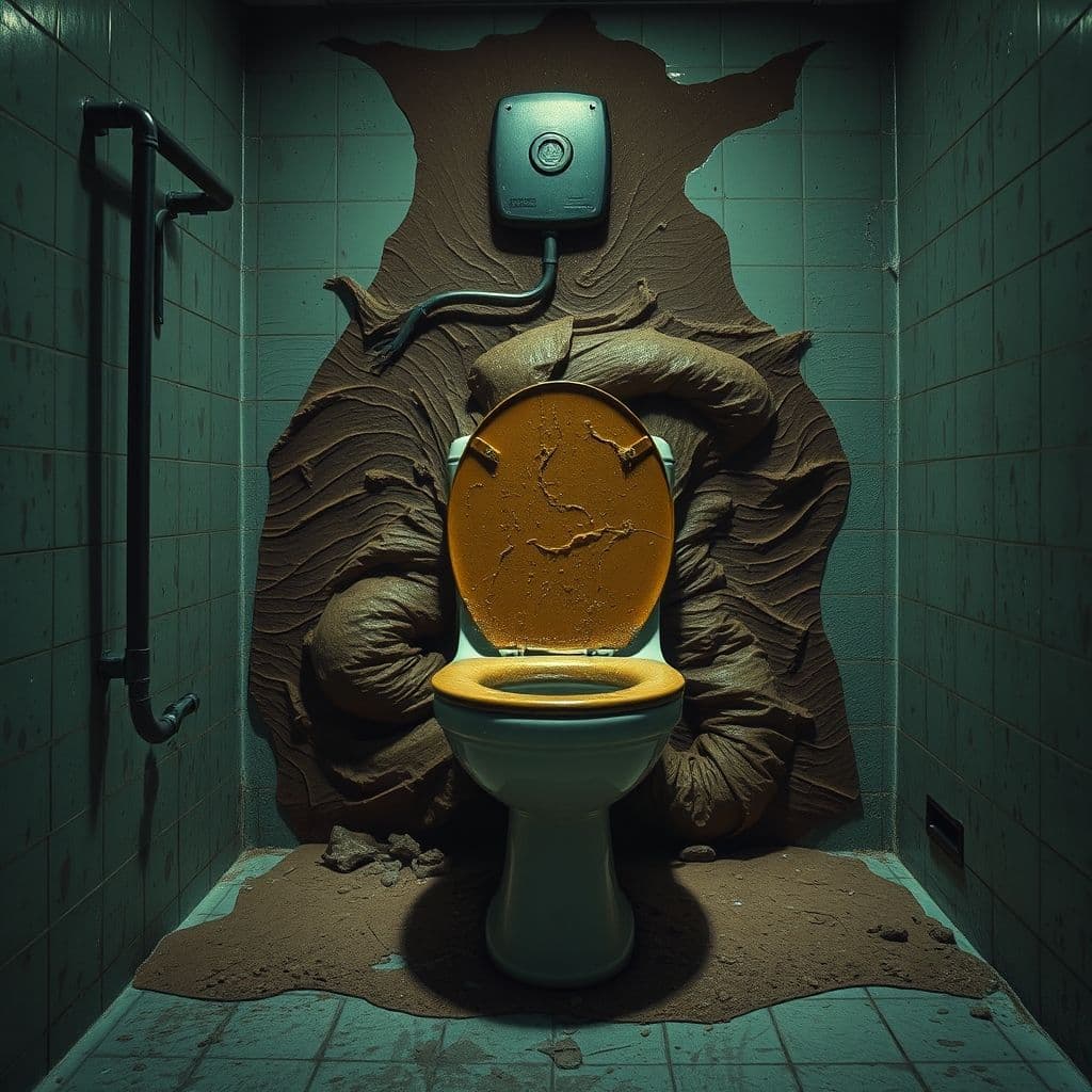 Ilustración hiperrealista de un inodoro al borde del colapso por una cagada monstruosa, con efectos de distorsión gravitacional a su alrededor.