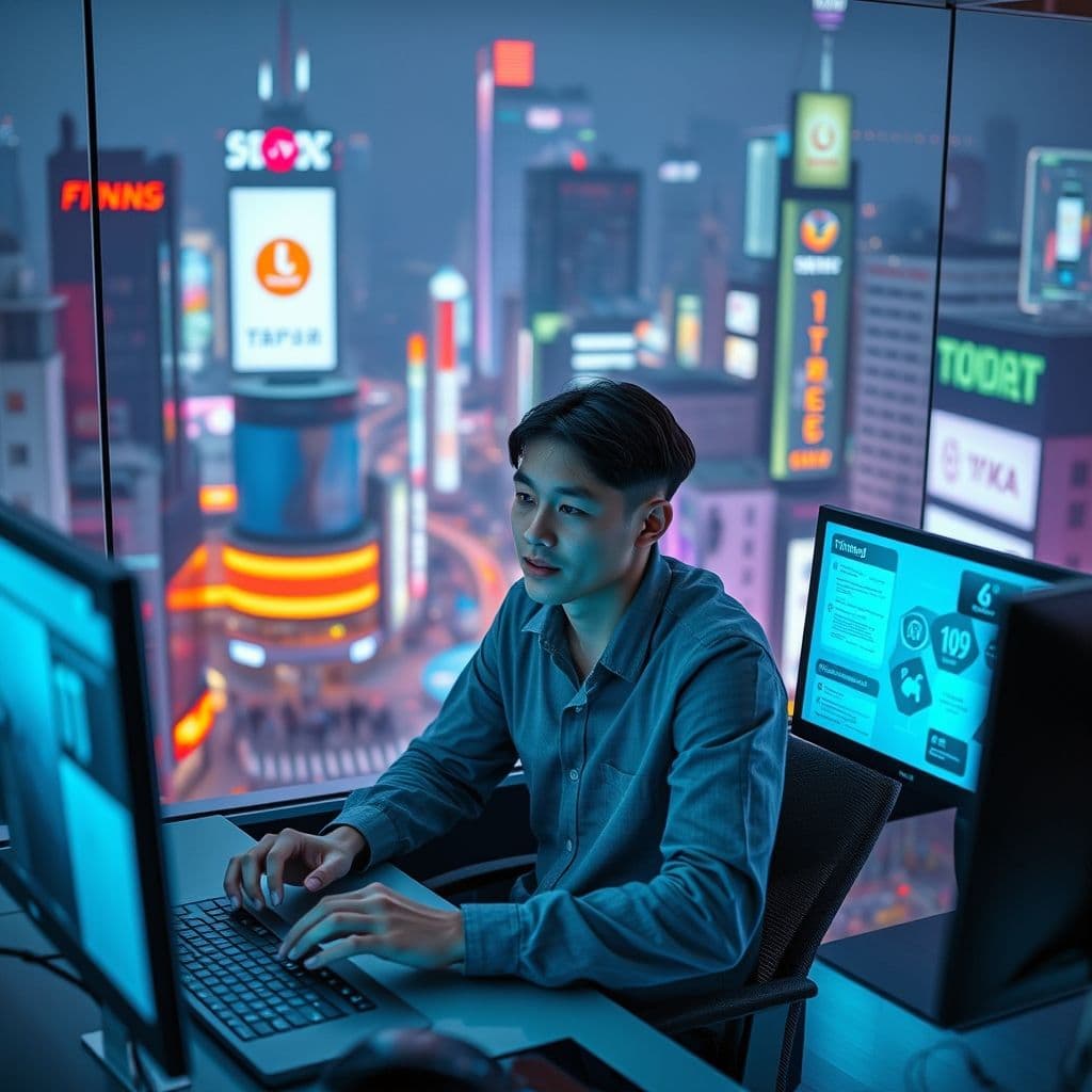 Persona interactuando con múltiples asistentes de IA personalizados en una interfaz digital futurista