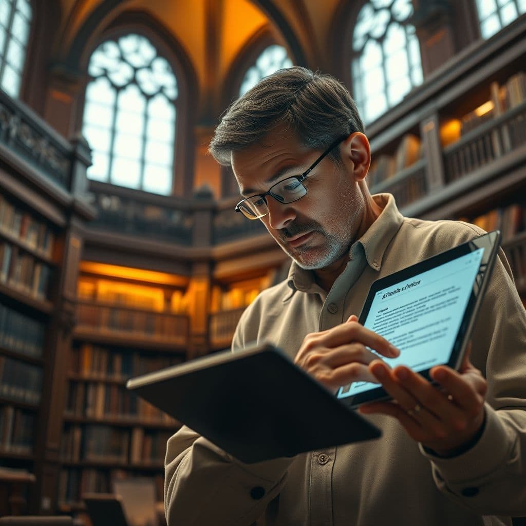 Profesor evaluando trabajo estudiantil con herramientas digitales